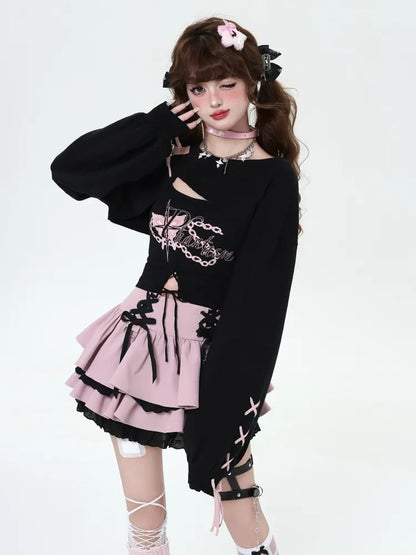 Rosa am Rock Tiered Y2K Schnürdetails Taille