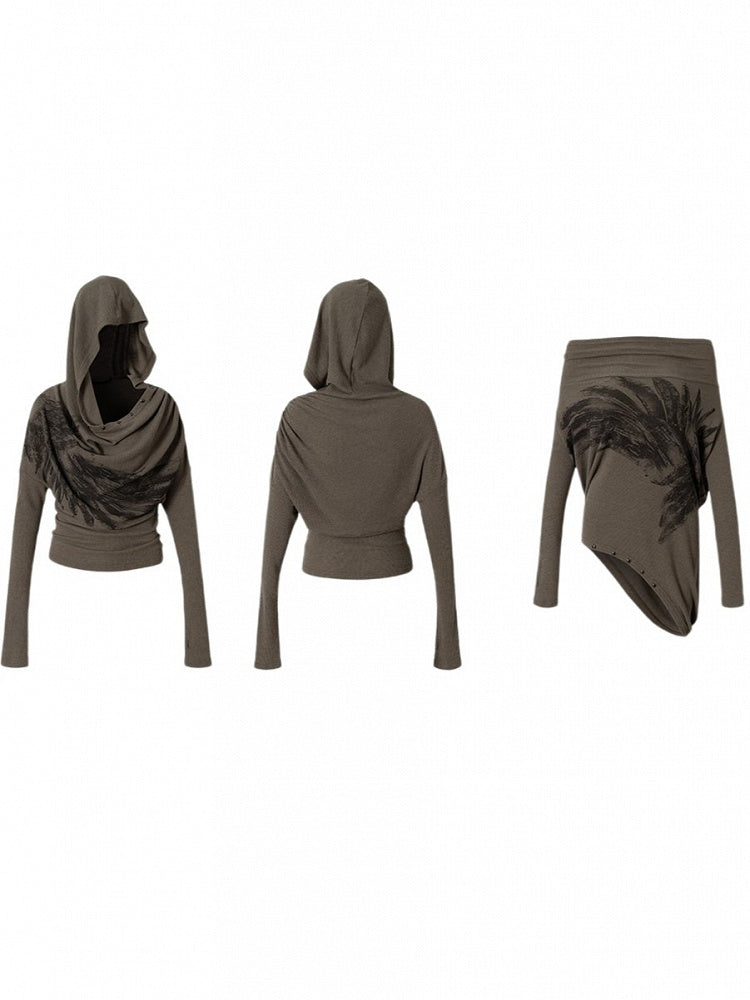 Cowl Wasteland Wing Punk Studded Convertible Print Gray Hoodie Off-Shoulder Neck Brown with Design