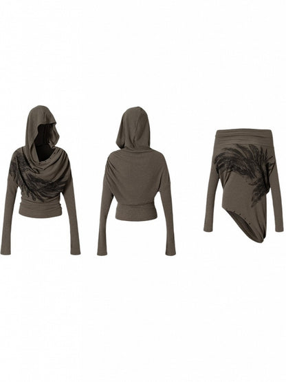 Cowl Wasteland Wing Punk Studded Convertible Print Gray Hoodie Off-Shoulder Neck Brown with Design