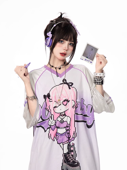 Cartoon Girl Print Black/Blue/Purple T-shirt Vintage V-neck Loose