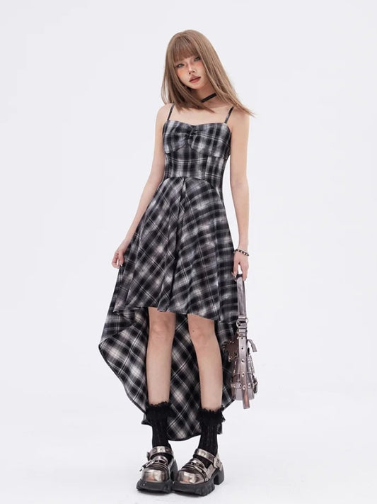 ハイローネックラインスカートドレス ブラック ホワイト チェック柄 スウィートハート スリップ