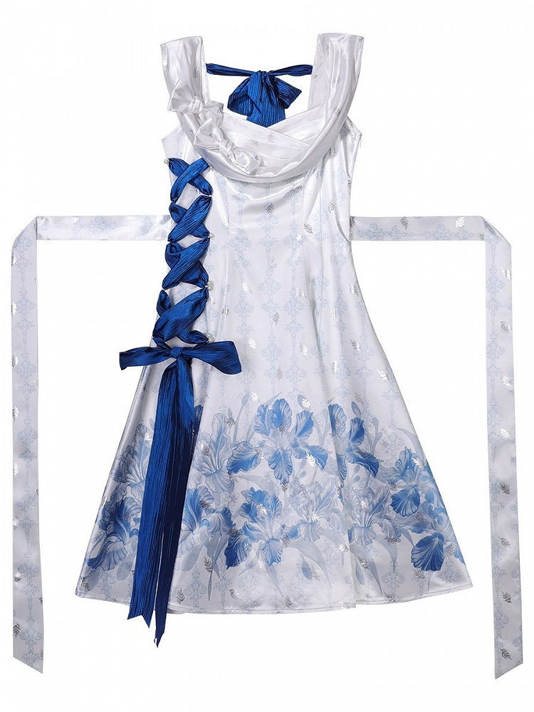 Sleeveless Satin Lolita Dress with Blue and White Floral Print and Bows - Unknown Star