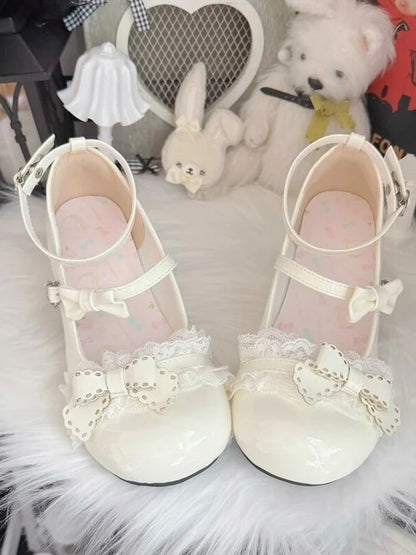 White Kawaii Butterfly Bow Round Toe Mary Jane Mid-Heel - MUMA Lolita