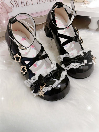 Black Edging Leather Mary Lace Janes PU in Mid-heel with