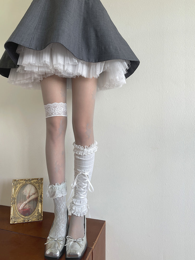 Semi-sheer Warmers/White Lace-up Pattern Gray Lace Leg Tights/White Loop Hollow-out Socks/White Floral