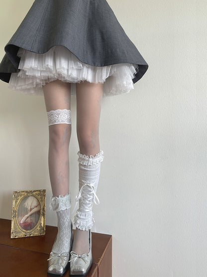 Semi-sheer Warmers/White Lace-up Pattern Gray Lace Leg Tights/White Loop Hollow-out Socks/White Floral