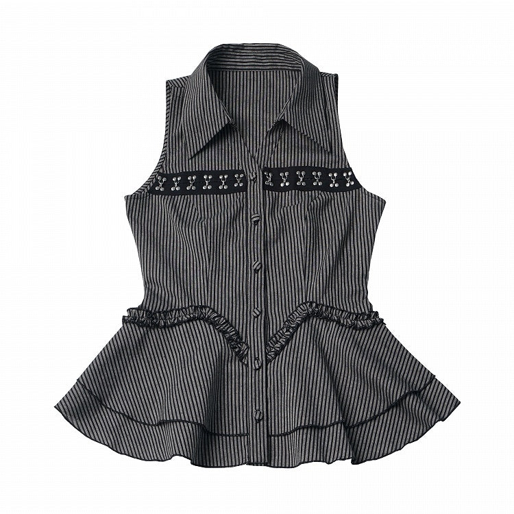 Black & Gray Striped Sleeveless Shirt with Peplum Hem - PINK SAVIOR