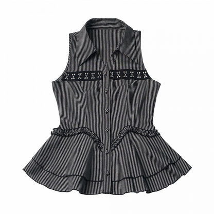 Black & Gray Striped Sleeveless Shirt with Peplum Hem - PINK SAVIOR