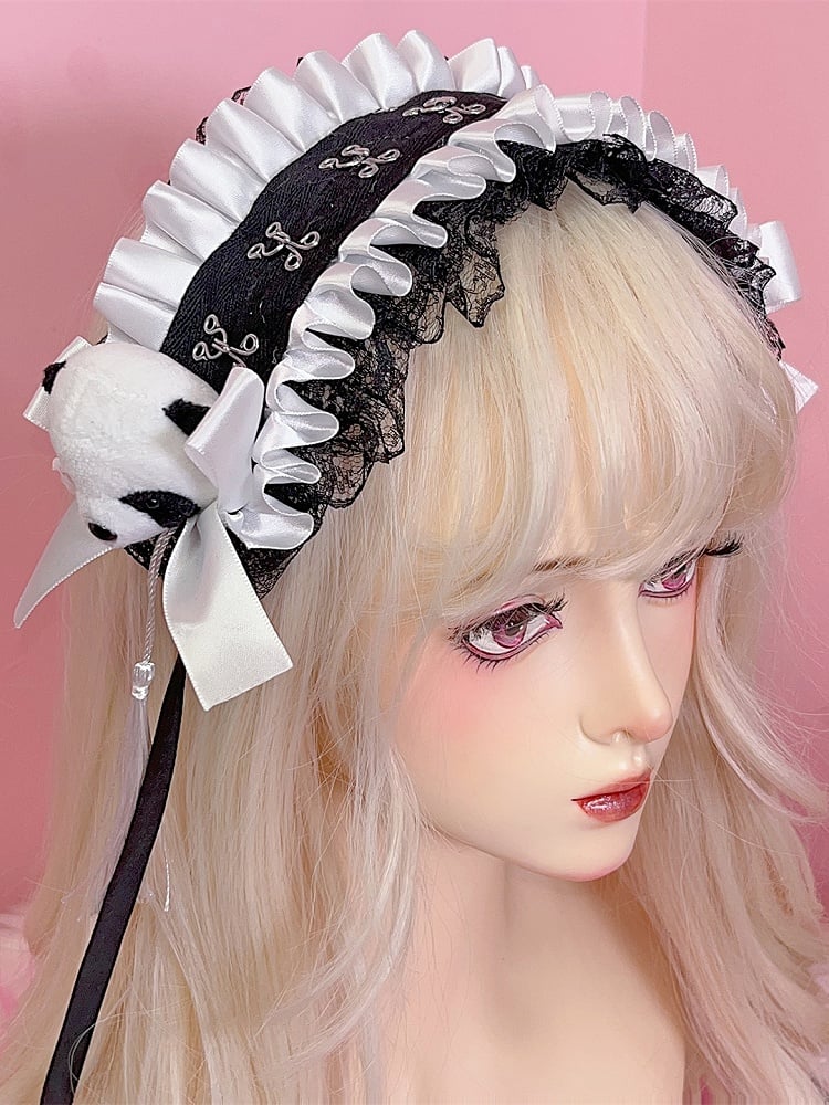 Bowknot Ruffled Hairband Jirai Panda Decorated with Black/White Lace Details Plush Tassels Trim Kei