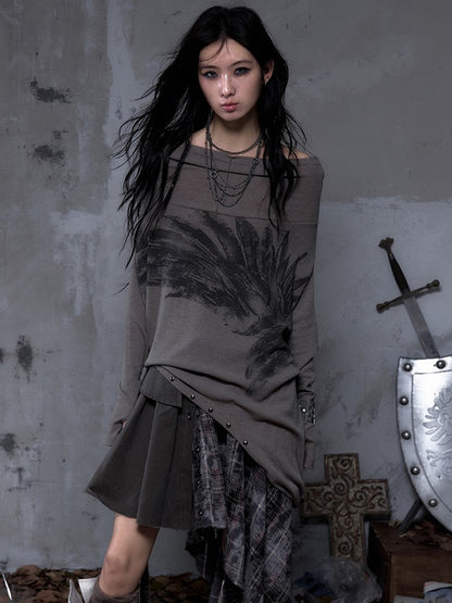 Cowl Wasteland Wing Punk Studded Convertible Print Gray Hoodie Off-Shoulder Neck Brown with Design