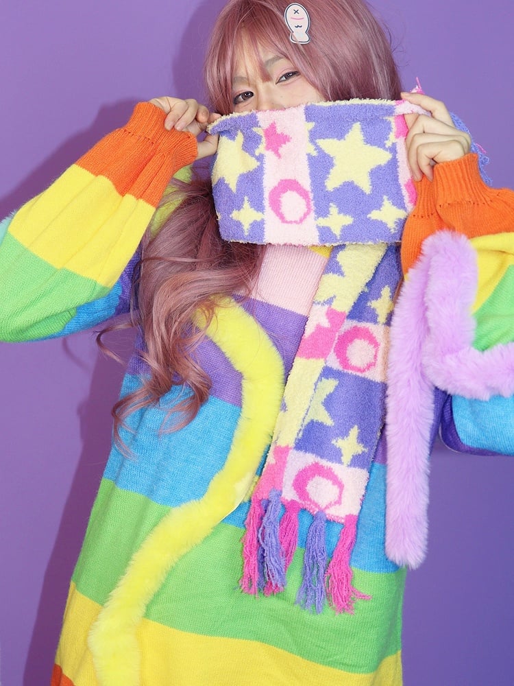 Y2K Pattern And Colorful Star Moon Striped Scarf