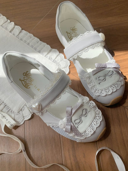 Sneakers Flat with Sweet Bow Lace Edging Gray Decorative Lolita - Velcro Fastening Style