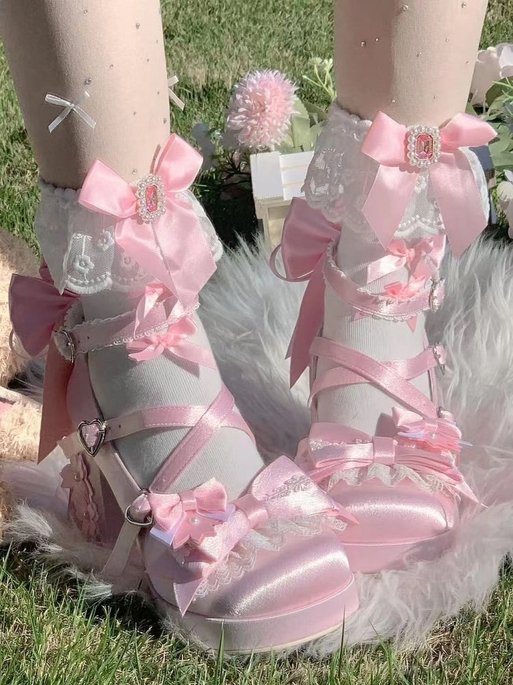 Details Crisscross - Embroidered High Pink with Platform Bow Design Floral Lolita Heel Sweet Block Shoes