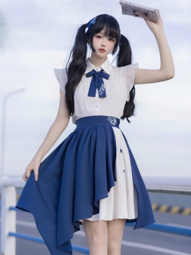 Bow Blue White Blouse Music with Note Flutter Tie Sleeves