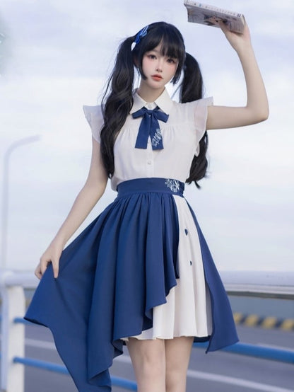 Bow Blue White Blouse Music with Note Flutter Tie Sleeves