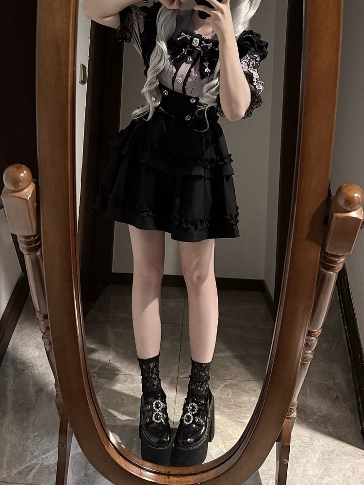 Set Lace-up Overall Skirt Jirai Waist Kei Purple Peter Pan Collar Blouse with Black