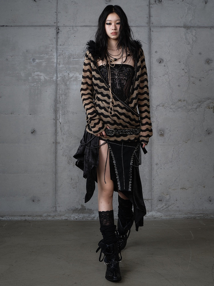 Bustier-Set-Top Braun Strick Gestreift Dekonstruiert Flügel Schwarz Print