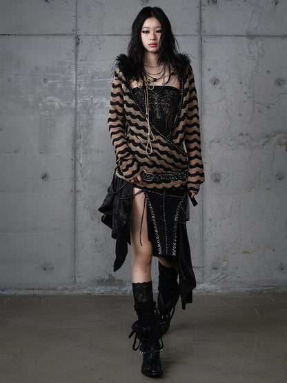 Bustier-Set-Top Braun Strick Gestreift Dekonstruiert Flügel Schwarz Print