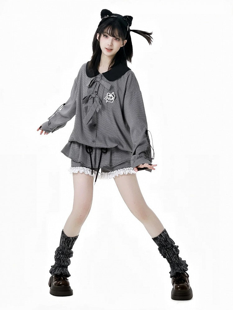 ブラウス ドローストリング 黒と白のチェック柄 ピーターパンカラー リボンアクセント カフス