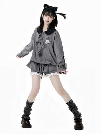 ブラウス ドローストリング 黒と白のチェック柄 ピーターパンカラー リボンアクセント カフス