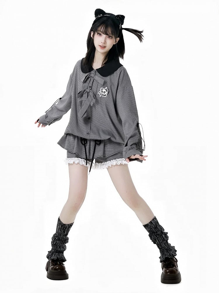 チェック柄の伸縮性ウエスト、フリルレーストリムのスコートとホワイトブラック