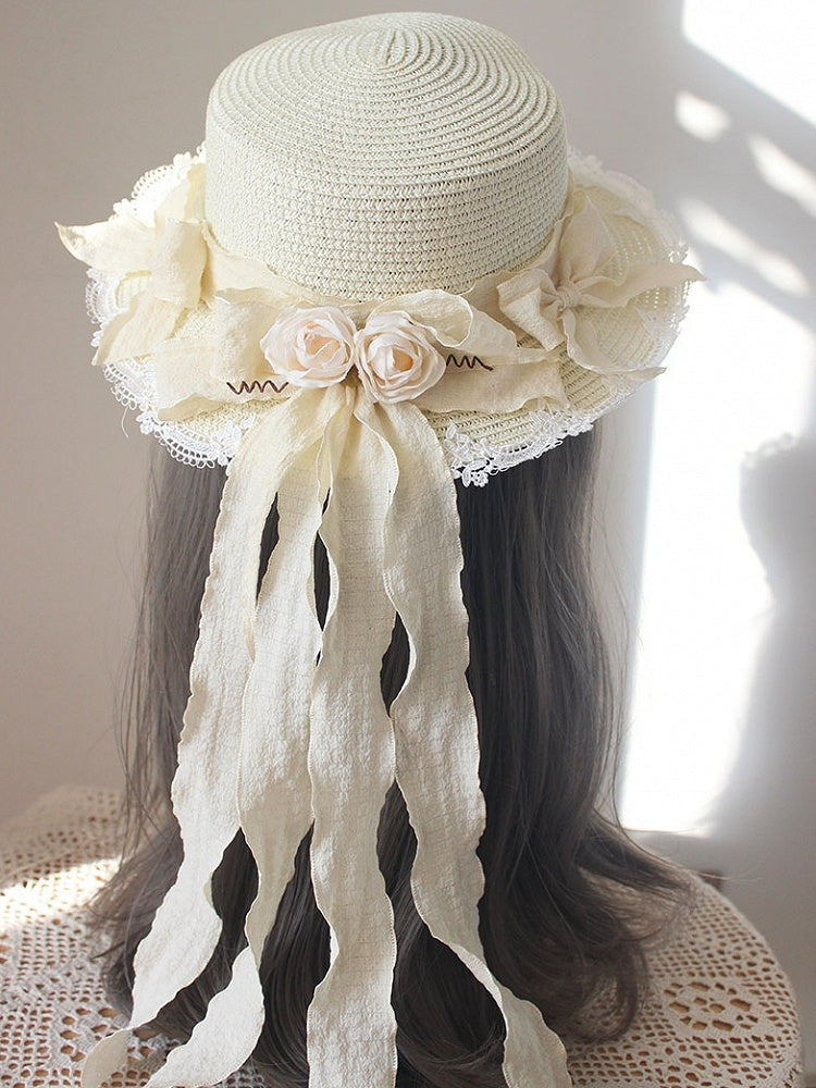 Lace Trim Floral Straw Hat
