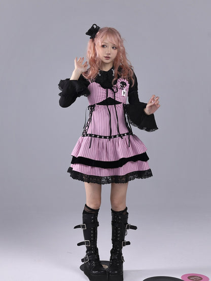 Pink Stripes & Black Hime Gyaru Tiered Dress with Lace-Up Sides