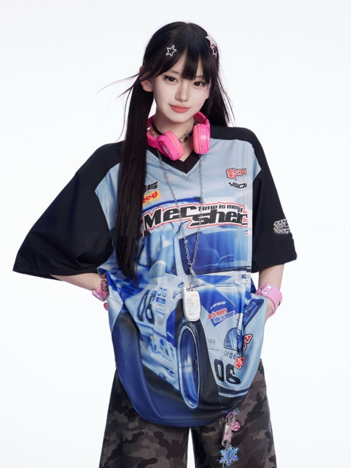 Blau Schwarz und T-Shirt Colorblock V-Ausschnitt Racing Print Loses Design