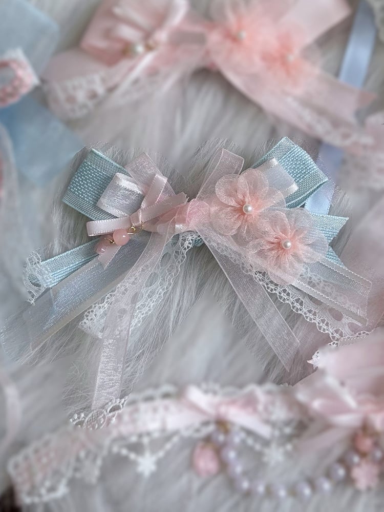 Bowknot Blue with Cherry Hairclip Decorations Pink Blossom