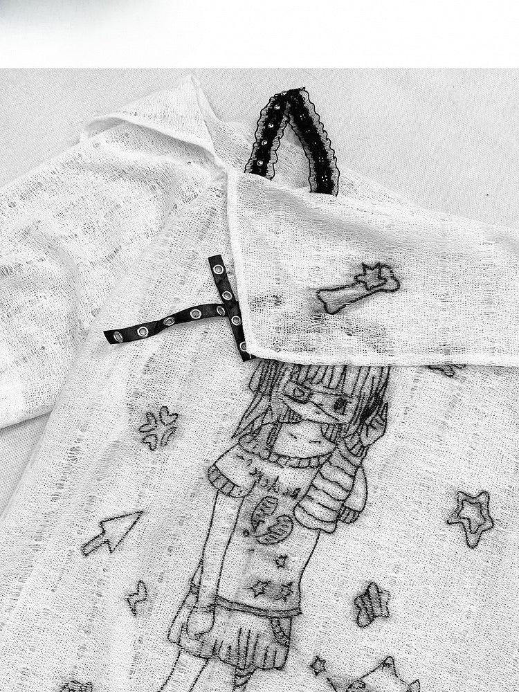 Y2K-Mädchenausschnitt und weißes Detail-Cartoon-Katzendesign