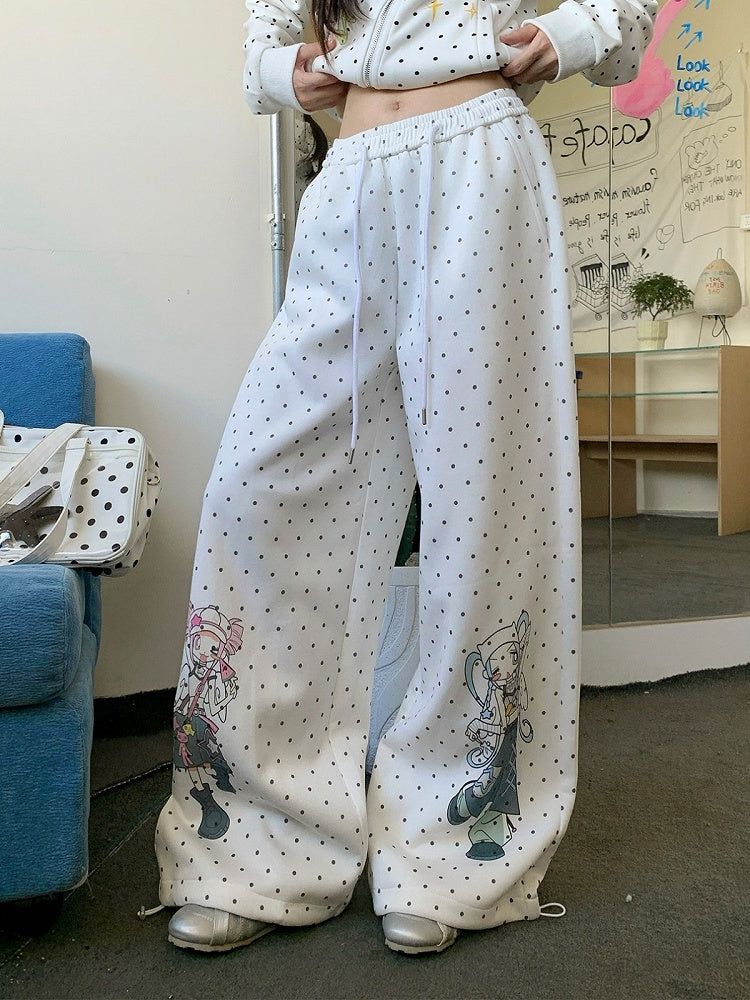 Polka Dot Straight Wide Leg Pants with Cartoon Pattern - Solkatt
