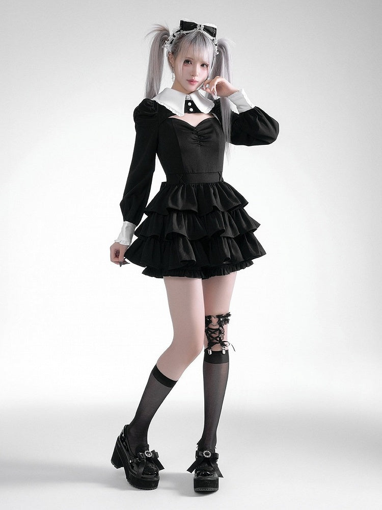 Black White Jirai Kei Collared Tiered Ruffle Dress Shorts Set - Fluffy Heart