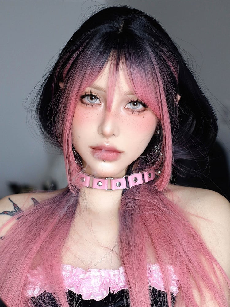Straight Pink Wig Bangs Black Ombre Air with and 68CM