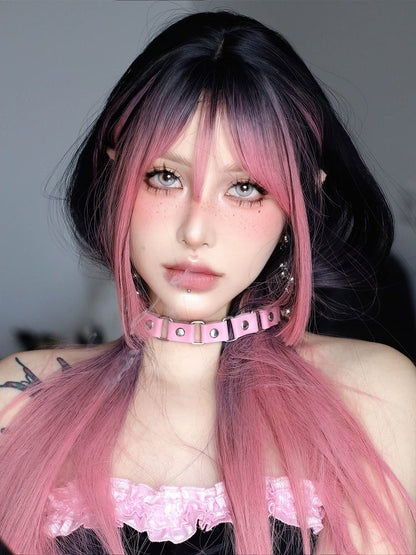 Straight Pink Wig Bangs Black Ombre Air with and 68CM