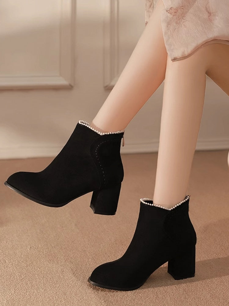 / Boots Qi Cuff Black High-heel Regular Version Lolita Thicken Beaded