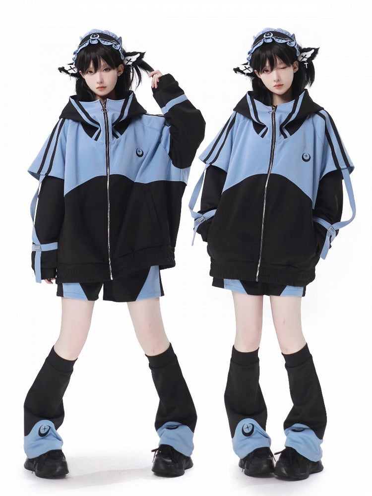 and Kei Sweatershirt Front Black Blue Up Long Sleeves Jirai Zip Jacket
