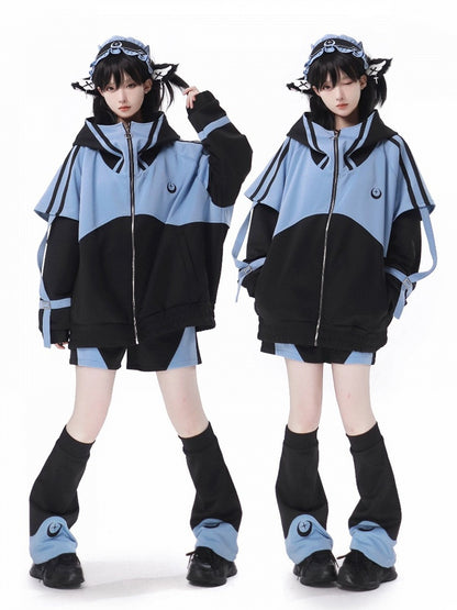 and Kei Sweatershirt Front Black Blue Up Long Sleeves Jirai Zip Jacket