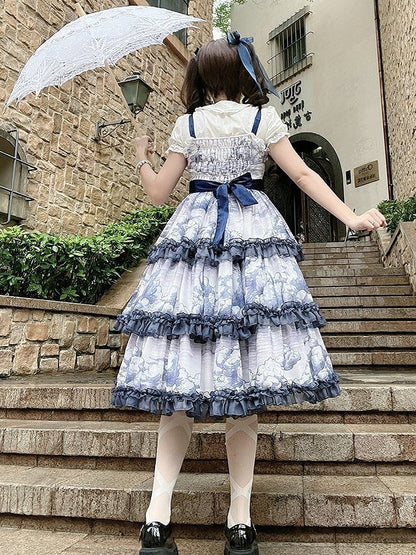 Robe Élégante Imprimé Classique Couches Nuageuses Lolita Volants Bleu Blanc