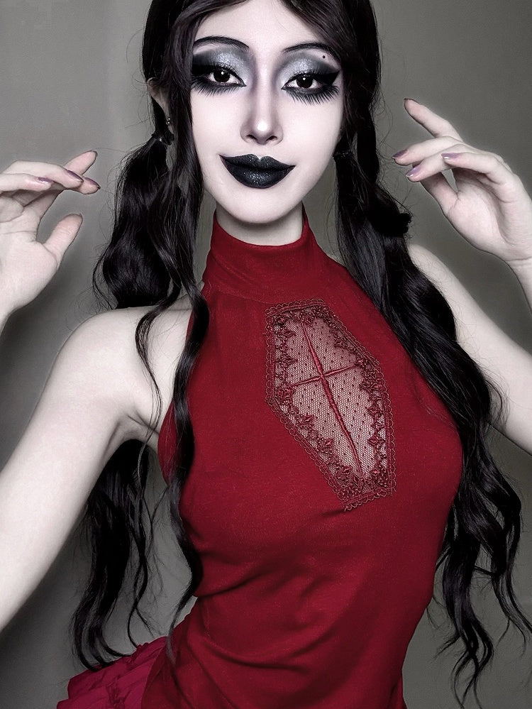 Embroidery Halter Cross with Red Cut-Out Vest Gothic Coffin