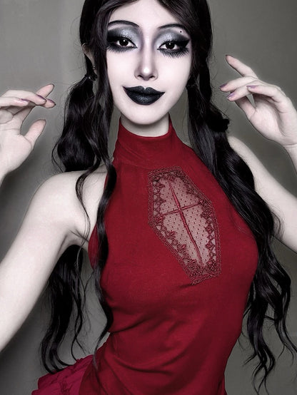 Embroidery Halter Cross with Red Cut-Out Vest Gothic Coffin