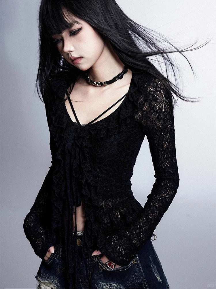 カーディガン、トップ付き、フリルトリム、レースニットセット、Vネック、キャミソール、ブラック、ホローアウト