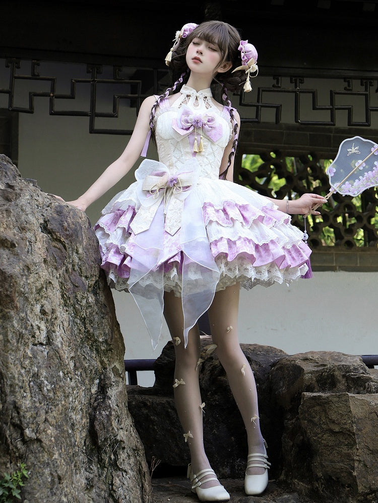 スカートドレス ロリータ ホルターネック バスク ウエスト取り外し可能 Qi パープル ティアード