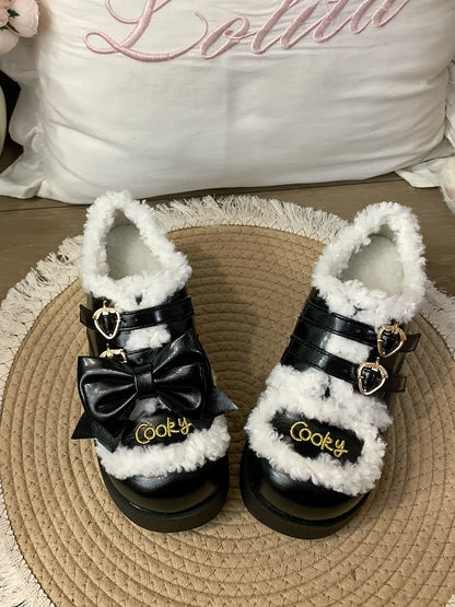 Platform Sweet Lolita Black Shoes with Round-toe & Fleece-lined