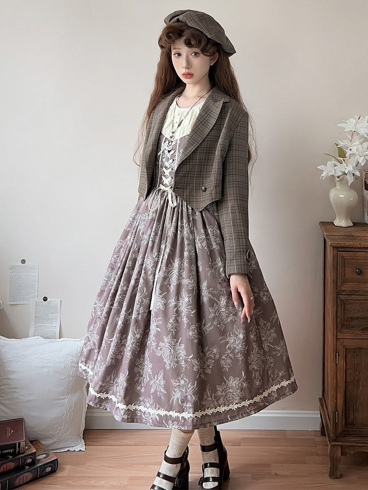 Brown & Beige Rosette Print Long-sleeved Elegant Classic Lolita Dress