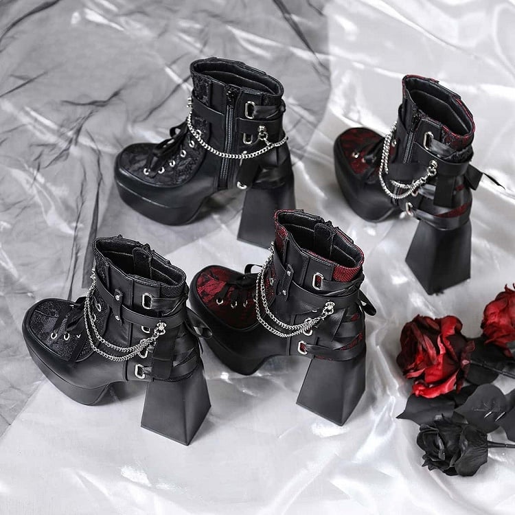 Inner with Chains Zip Block Boots Detachable Black Heel Lace-up Gothic High Details Platform - Ankle