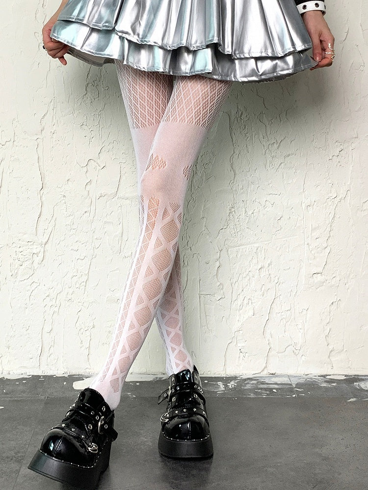 Gemusterte Strumpfhose mit Rautenmuster und kreuz und quer, Weiß, Y2K