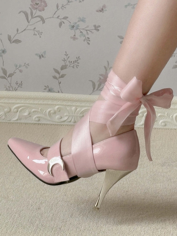Absätze an der Spitze, hoher Mond, Knöchel, eleganter Klettverschluss, rosa Schnürung + spitze Verschlüsse – Lolita-Akzent