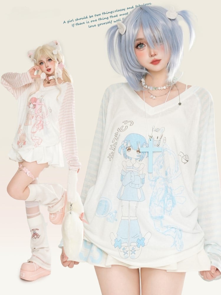 And Light Long Thin V-neck Blue/Pink Girl Top With Cartoon Sleeves Print Patterns Striped