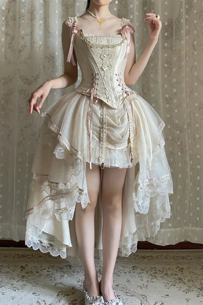 シャンパンレースアップディテールボーンコルセットトップ+ハイローレイヤードロリータスカートBE002