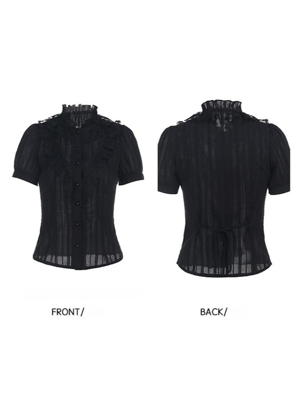 Short with Ruffled Collar Ruffle Black Gothic Sleeve Halloween Shirt